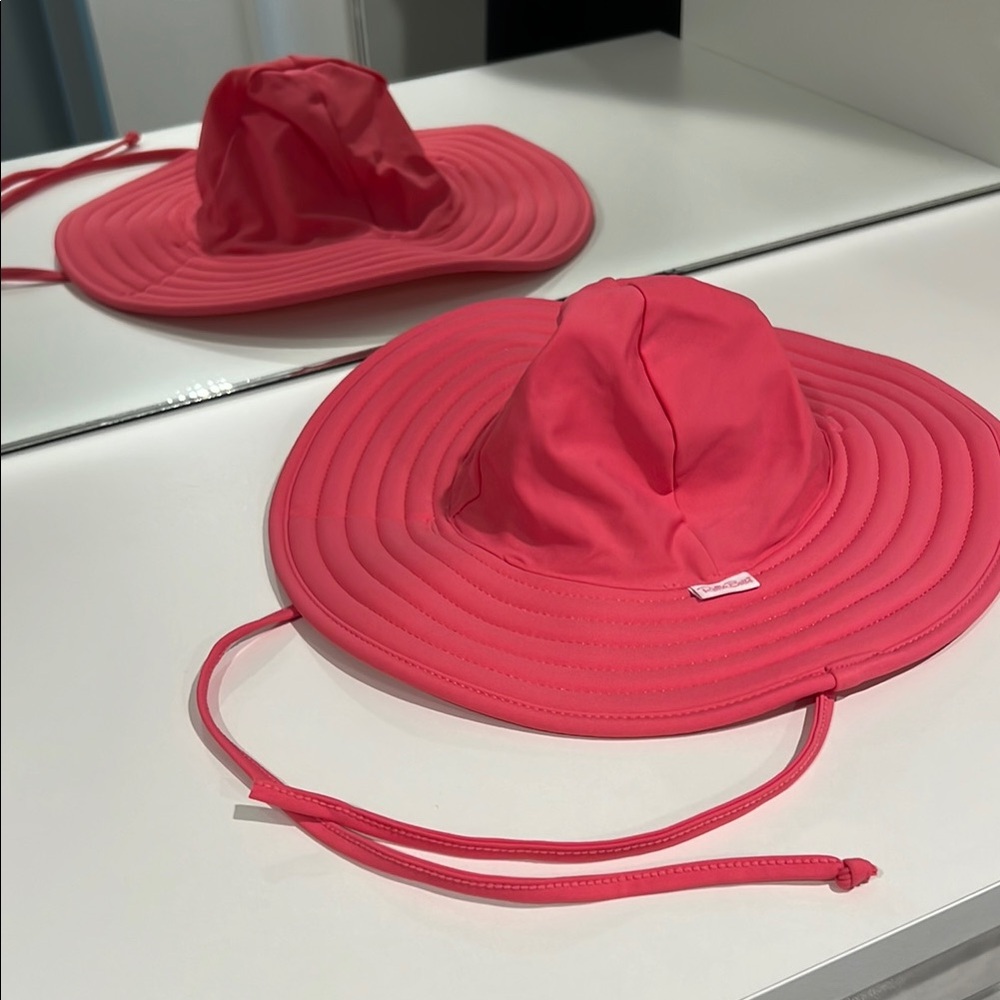 Ruffle Butts Pink Reversible Wide-Brimmed Swim Hat with Chin Strap